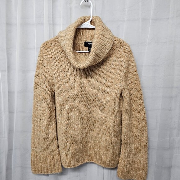 Express Turtleneck Sweater Tan Wool Blend Preppy Boho Casual Marled M - Picture 6 of 9